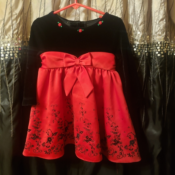Rare Editions Black and Red Kids Dress with Floral Design - Picture 1 of 14